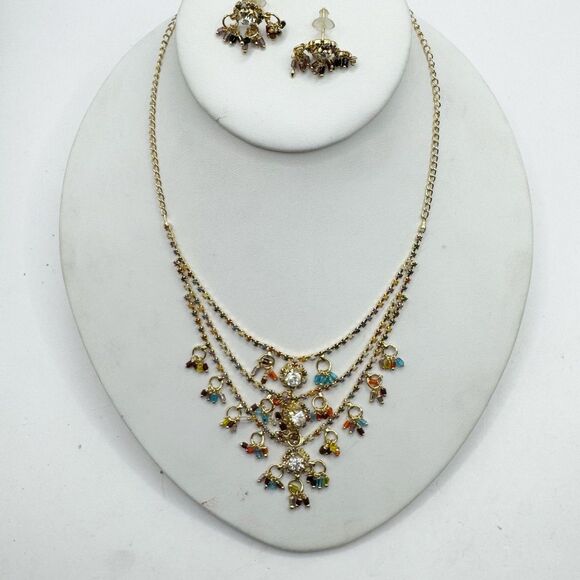 Colorful Bead And Rhinestone Gold Plated Bollywood Indian Necklace And Earrings - Picture 11 of 14